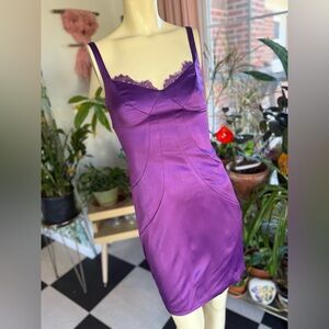 Max & Cleo Purple Satin Lace-Trim Slip Dress